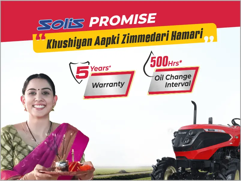 Solis tractor with 5-year warranty and 500-hour oil change interval promise